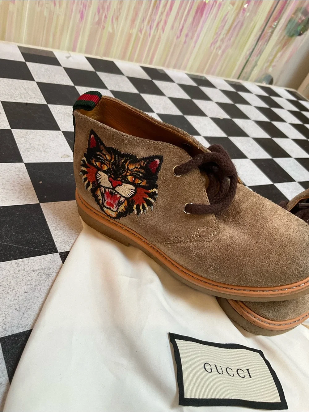 Gucci Kids Tan Suede Ankle Boots with Embroidered Cat and Rainbow Patch